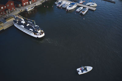 High angle view of ship moored in sea