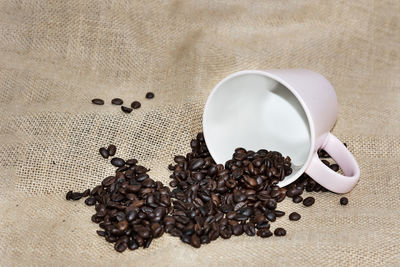 High angle view of coffee cup on table