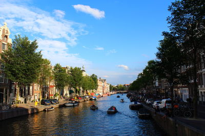 Boats in river with city in background