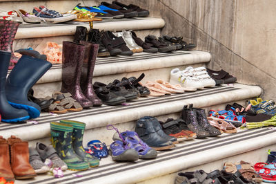 High angle view of shoes for sale