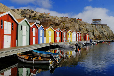 Colorful fishing huts at water
