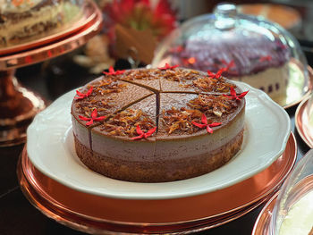 High angle view of chocolate cake on table