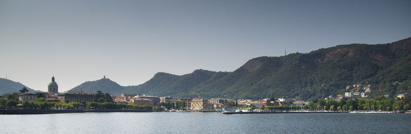 Scenic view of bay against clear sky