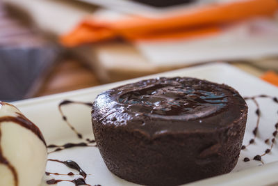 Close-up of chocolate cake on table