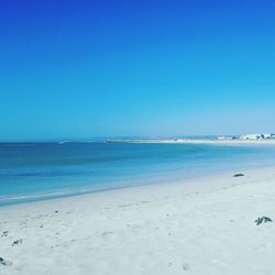 Scenic view of beach against clear blue sky