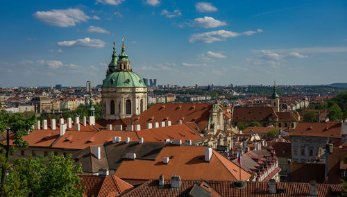 High angle view of buildings in city against sky