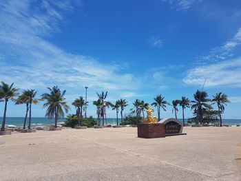 Palm trees on beach against blue sky