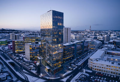 High angle view of buildings against sky in city