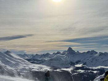 Scenic view of snowcapped mountains against sky during sunset