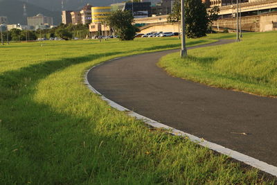 Road amidst field and buildings in city
