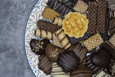 High angle view of chocolate cake on table