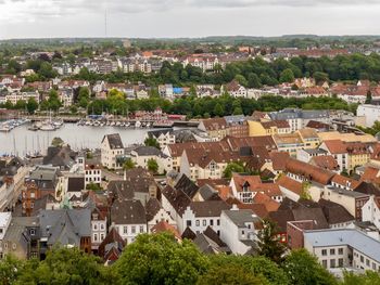 High angle view of buildings in town