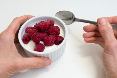 Midsection of person holding strawberries in bowl