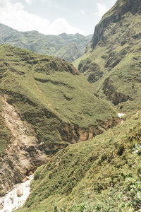 High angle view of valley. mountain, jungle in a highland with a river in the midle. in colca, perú.