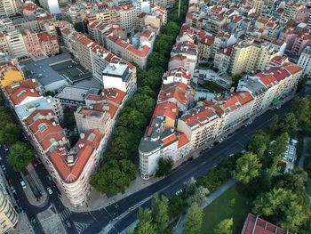 High angle view of buildings in city