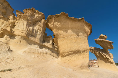 Low angle view of rock formation against clear blue sky