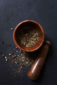 High angle view of coffee on table against black background
