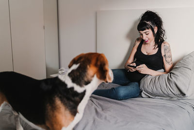 Dog looking at woman using phone on bed at home