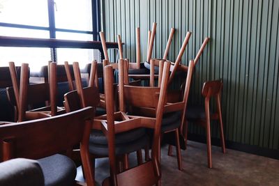 Empty chairs and tables in restaurant