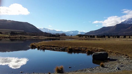 Scenic view of lake and mountains against sky