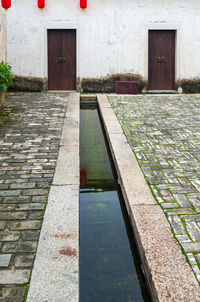 Footpath amidst buildings in city