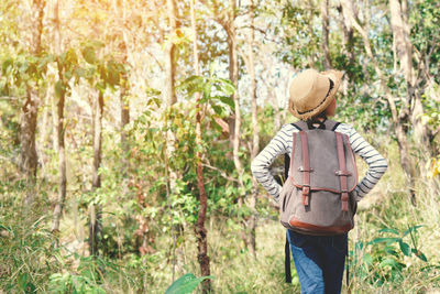 Rear view of girl standing against trees on field