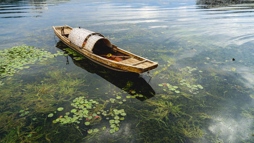 High angle view of abandoned boat on lake