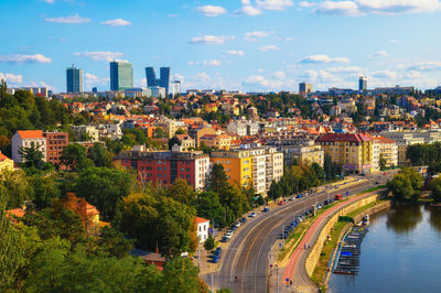 High angle view of buildings in city