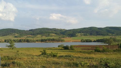 Scenic view of field by lake against sky