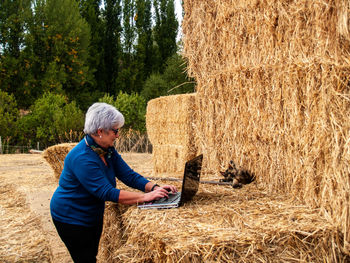 Side view of woman holding using laptop against hay bales