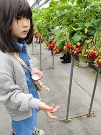 Girl looking away while standing against plants