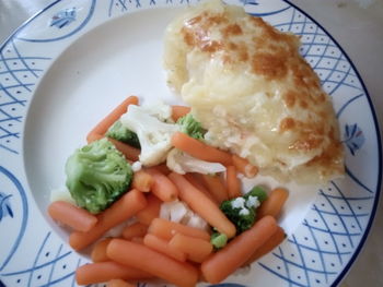 High angle view of breakfast served in plate