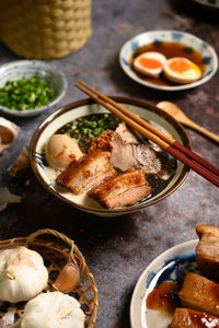 High angle view of food in plate on table