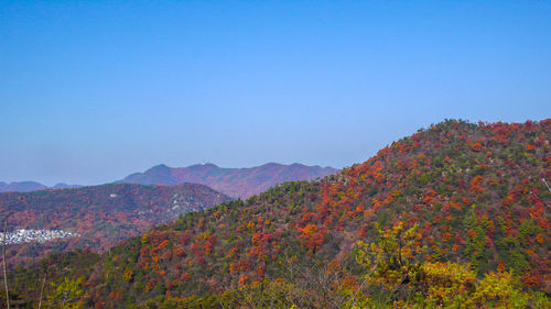 Scenic view of mountains against clear blue sky