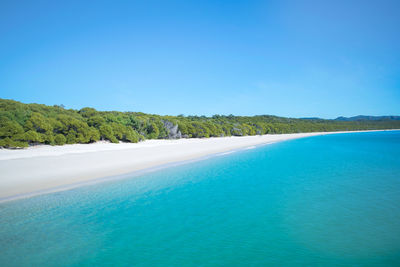 Scenic view of sea against clear blue sky