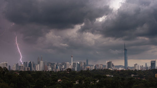 Cityscape against cloudy sky