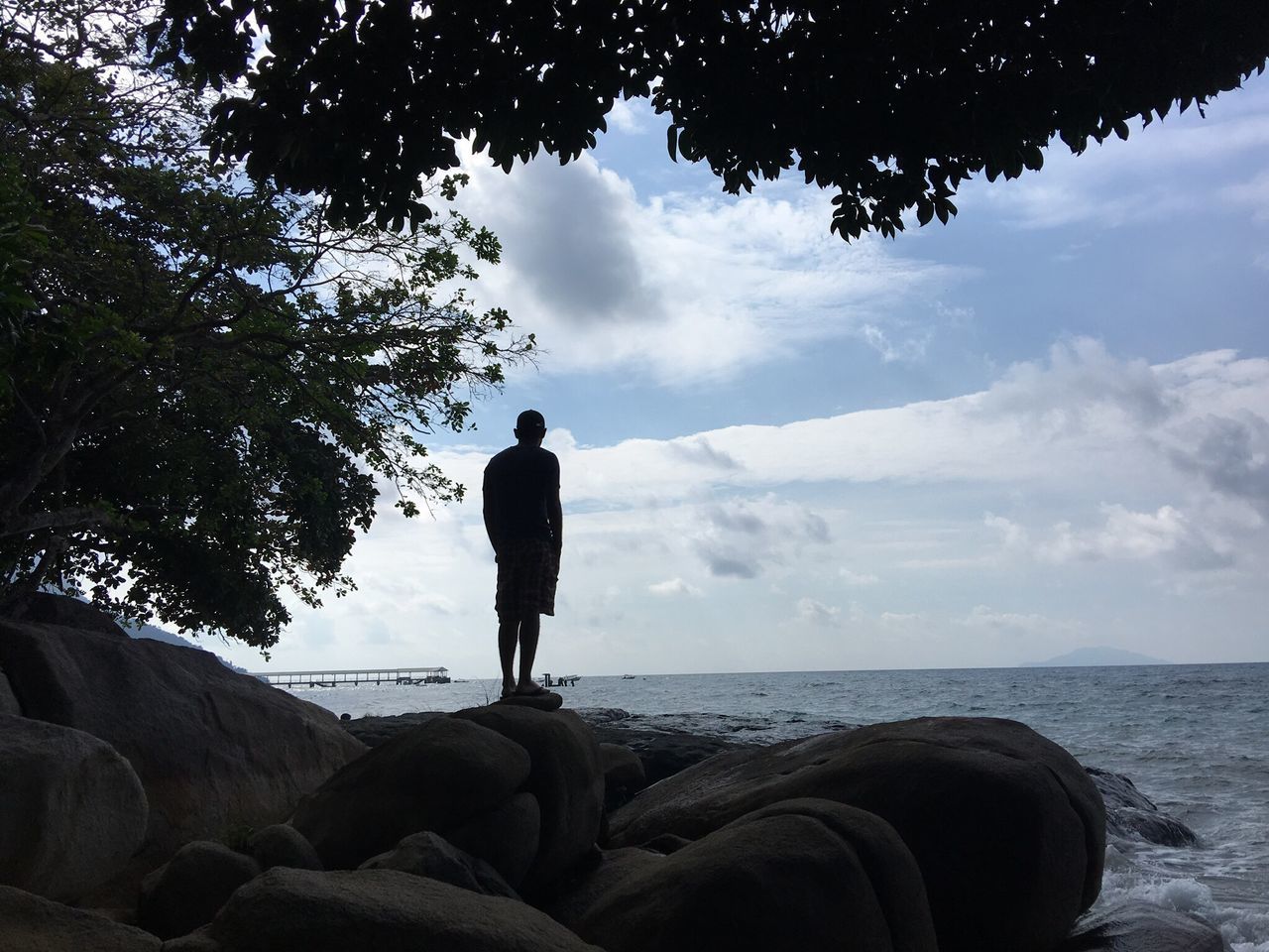 REAR VIEW OF MAN STANDING ON SEA SHORE AGAINST SKY