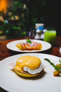 Egg breakfast food in the morning. poached dish. delicious meal plate tasty closeup on table.