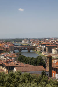 High angle view of buildings by river against sky in city