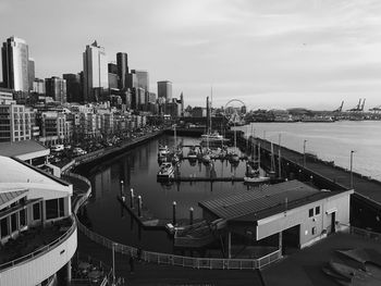 High angle view of ship moored at harbor