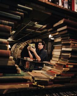 High angle view of man standing at home