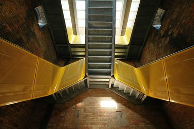 High angle view of illuminated staircase in building