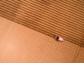 High angle view of man working on field