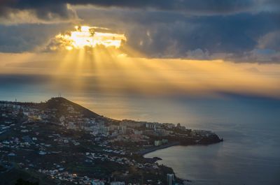 High angle view of buildings by sea against sky during sunset