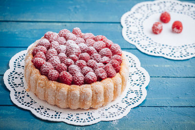 High angle view of cake in plate on table