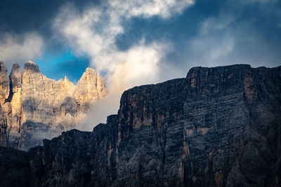 Low angle view of rocky mountains against sky