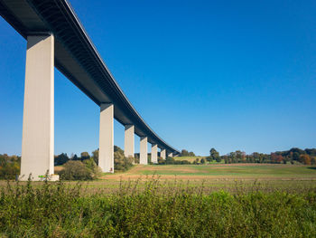 Built structure on field against clear blue sky