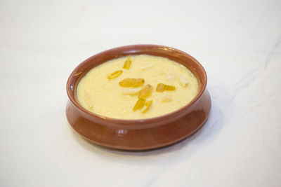 High angle view of bread in bowl on table