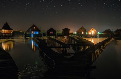 Reflection of houses in water at night