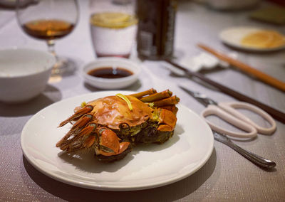 High angle view of food in plate on table